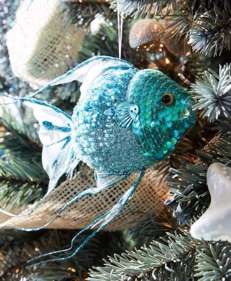 Sparkling Blue & Silver Coastal Christmas Tree Theme Christmas Tree, Fish Christmas, Fishing Christmas Ornaments, How To Make Fish, Driftwood Christmas Tree, Coastal Ornament, Coastal Christmas Tree, Fishing Christmas, Animal Ornaments