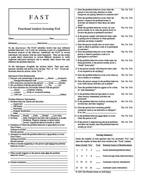 Functional Assessment Screening Tool (FAST) is an interview-type assessment that allows us to narrow down the function of a behavior. Rbt Resources, Behaviour Analysis, Functional Behavior Assessment, Transactional Analysis, Behavior Intervention Plan, Functional Analysis, Behavioral Analysis Unit, Clinical Social Work, Behavioral Analysis