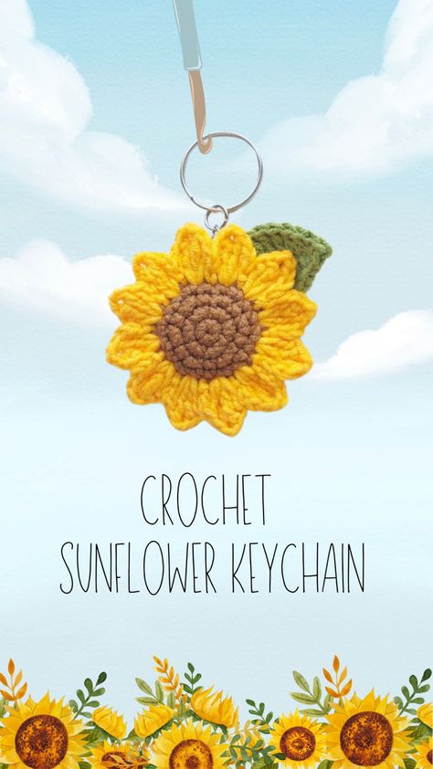 Learn how to crochet a sunflower keychain with this free pattern. Crochet Sunflower Motif, Crochet Pattern For Sunflower, Crocheted Sunflowers Free Pattern, Mini Crochet Sunflower Pattern, Crocheted Keychain Patterns Free, Sunflower Crochet Patterns Free, Amigurumi Sunflower Free Pattern, Flower Key Chain, Daisy Amigurumi Free Pattern