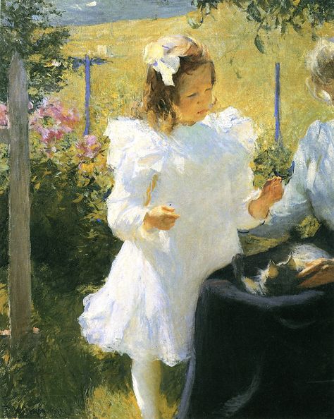 "Sunlight," Frank Benson, 1902, oil on canvas, 44 x 36", Private collection. Frank Weston Benson, James Ensor, American Impressionism, Impressionist Artists, Children Playing, Garden Painting, Paintings I Love, Oil Painting Reproductions, Impressionist Paintings