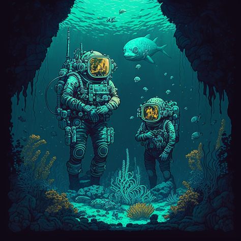 Ocean Character, Sea Drawings, Under The Sea Drawings, Retro Scifi, Sea Drawing, Art Trippy, Astronaut Space, Underwater Art, World Wallpaper