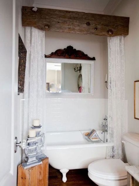 Love the wood beam hiding the curtain rod. Small Rustic Bathrooms, Estilo Cottage, Cottage Style Bathrooms, Farmhouse Bathroom Decor Ideas, Farmhouse Shower, Rustic Bathroom Designs, Bathroom Farmhouse Style, Rustic Bathroom Decor, Rustic Bathrooms