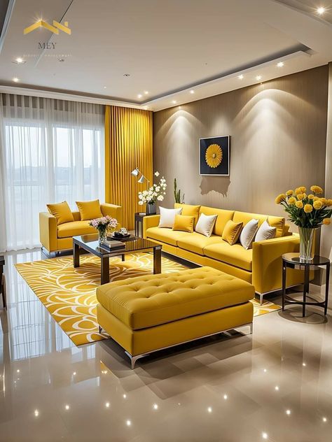 Yellow Modern Living Room, Yellow And White Living Room Ideas, Yellow Sofa Living Room Ideas, Bathroom Design Styles, Latest Living Room Designs, Dream Apartment Decor, Yellow Living Room, Living Room Sofa Design, Bedroom Decor Design