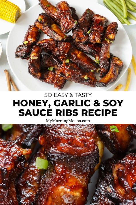 Here's how to make tender boiled and baked ribs that's coated in a honey, soy sauce and garlic glaze. It tastes so good and it's so easy. Honey Garlic Sauce For Ribs, Honey Garlic Rib Sauce, Hot Honey Ribs, Rib Sauce Recipe Easy, Asian Ribs, Honey Ribs, Honey Garlic Ribs, Soy Sauce Garlic, Glazed Ribs