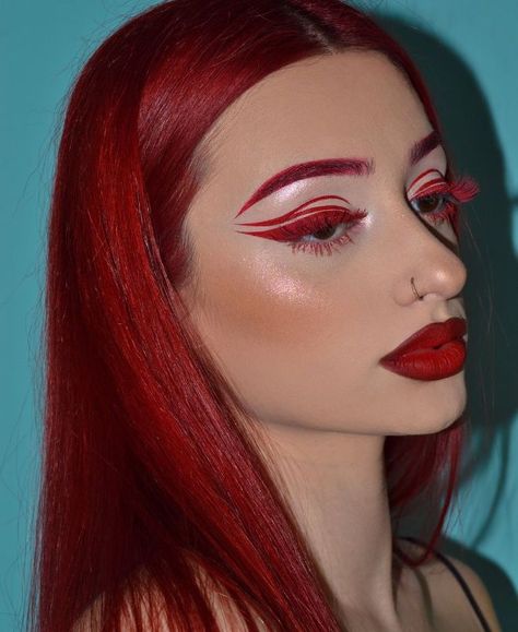 7 Bright, Vibrant Red Makeup Choices That Will Help You Make A Statement Red Eyebrow Makeup, Black And Red Makeup, Red Eyeliner Makeup, Red Makeup Looks, Fire Makeup, Red Hair Makeup, Red Eye Makeup, Rave Makeup, White Makeup