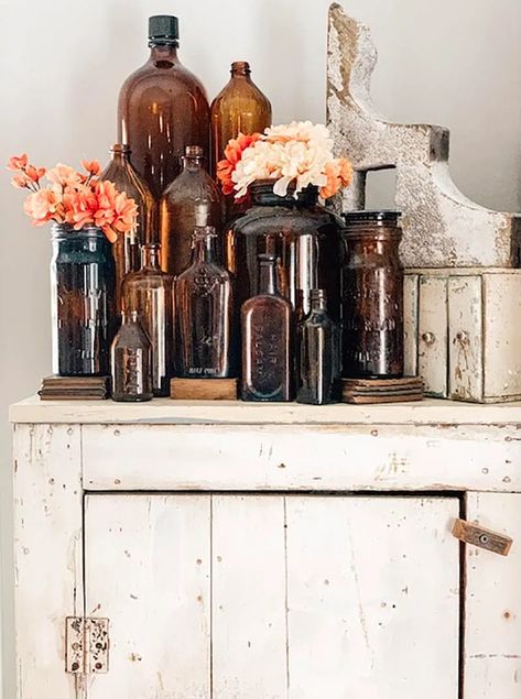 Milk Glass Cake Stand, Fresh Farmhouse, Brown Bottles, Amber Bottles, Autumn Decorating, Glass Cake Stand, Vintage Bottles, Old Bottles, French Country Cottage