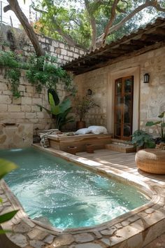 Deck With Plunge Pool, Plunge Pool Backyard, Greek Pool, Plunge Pool Ideas, Pool Ideas For Small Yards, Small Pools Backyard, Ideas For Small Yards, Aesthetic Pool, Tiny Backyard