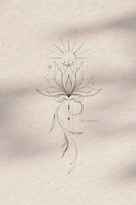 Back Line Work Tattoo, Lotus Flower With Moon Tattoo, Lotus Rib Tattoo, Solstice Tattoo, Lotus Sternum Tattoo, Feminine Energy Tattoo, Lotusblume Tattoo, Floral Back Tattoos, Unalome Tattoo