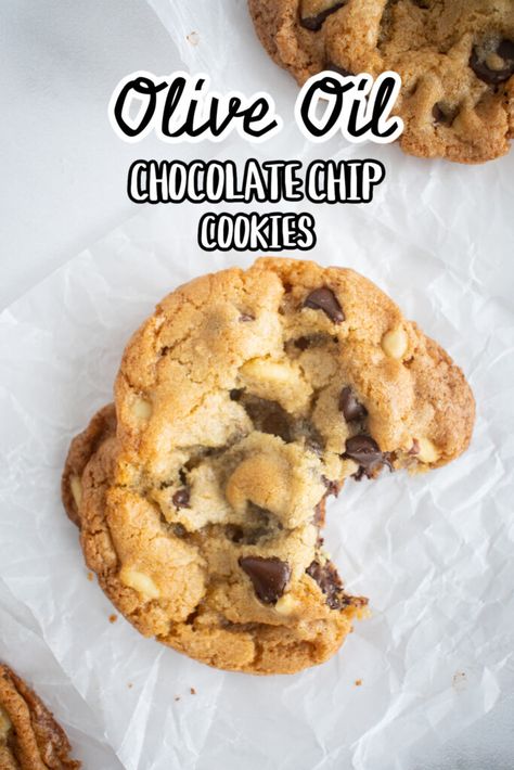 Olive Oil Chocolate Chip Cookies - Make the Best of Everything Vegetable Oil Cookies, Cookie Recipes With Oil, Olive Oil Dessert Recipes, Olive Oil Dessert, Cookies With Olive Oil, Olive Oil Cookie Recipe, Cholate Chip Cookies, Cookie Recipe With Oil, High Altitude Chocolate Chip Cookies