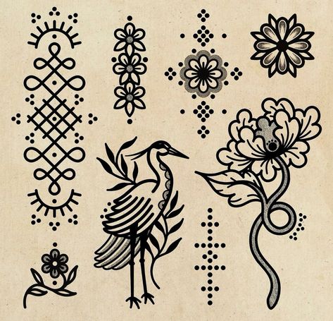 Traditional Danish Tattoo, Folk Tattoo Scandinavian, German Folk Art Tattoo, 70s Tattoo Vintage, Geometric Blackwork Tattoo, Nordic Folk Art Tattoo, Folk Traditional Tattoo, Traditional Ornamental Tattoo, Traditional Polish Tattoo