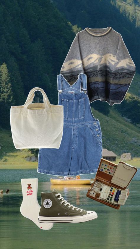 Summer crafts, summer, summer aesthetic, watercolor, watercolor outfit, artsy outfit, overalls, overall outfit, sweater outfit, summer evening date Sweater Outfit Summer, Artsy Outfit Aesthetic, Artsy Aesthetic Outfits, Crafts Summer, Aesthetic Watercolor, Artsy Aesthetic, 00s Fashion, Overall Outfit, Artsy Outfit