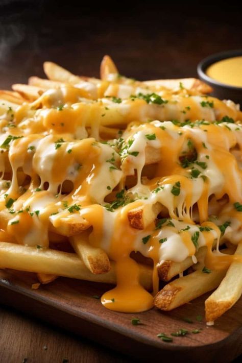 Sweet Potato Cheese Fries, Cheesy Garlic Fries, Cheese Fries Aesthetic, Pool Party Food Ideas, French Fries With Cheese, Cheese Fries Recipe, Perfect Potatoes, Bacon Cheese Fries, Super Bowl Game