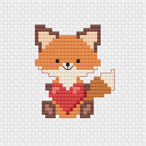 Kitten Cross Stitch Pattern, Small Easy Cross Stitch Patterns, Cute Animal Cross Stitch, Fox Cross Stitch Pattern Free, Cross Stitch Animals Patterns, Cross Stitch Pixel Art, Cross Stitch Crafts, Fox Perler Bead Pattern, Cross Stitch Patterns Animals