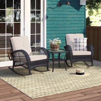 This lovely wicker conversation set features 2 big-sized rocking chairs, made of sturdy steel frames and handwoven weather-resistant wicker. A spacious deep seat with 3 in. thick comfortable cushions will relax you during the whole summer season. 20 in. a square table is a good size for outdoor use, including a pattern weaving shelf and tempered glass top. Whether you are enjoying a cup of coffee alone on the front porch or indulging yourself with families or friends in an evening drink on your Front Porch Furniture Ideas Farmhouse, Weaving Shelf, Small Front Porch Seating Ideas, Small Back Patio Ideas, Front Porch Furniture Ideas, Front Porch Seating Ideas, Shady Hollow, Front Porch Chairs, Front Porch Seating