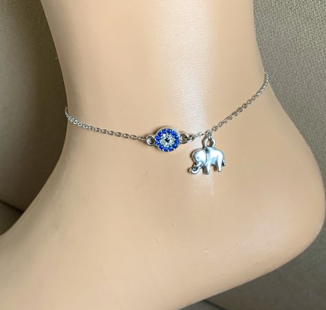 Silver Plated Evil Eye Anklets, Silver Anklet, Christmas Gift, Evil Eye Jewelry, Rhinestone Anklet, Elephant Bracelent Anklet, Gift for Her by NalansJewellery on Etsy Anklets Silver, Elephant Anklet, Blue Anklet, Rhinestone Anklet, Turquoise Anklet, Leather Anklets, Wedding Anklets, Womens Ankle Bracelets, Antique Silver Necklace