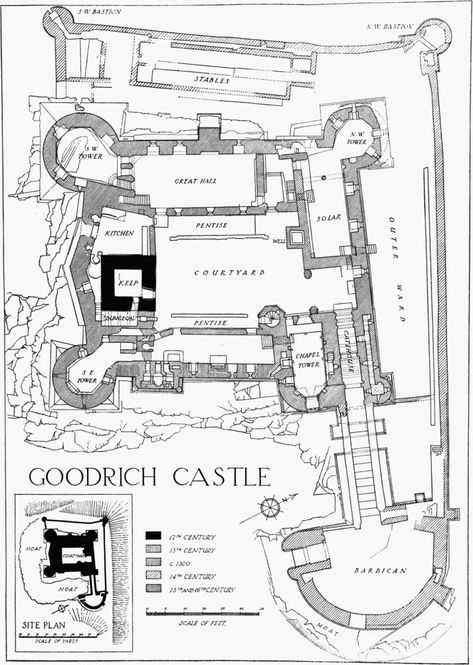 Castles: how they work, and how to design one. Castle Stables, Medieval Castle Layout, Goodrich Castle, Herefordshire England, Castle Map, Castle Layout, European Castle, Castle House Plans, Castle Floor Plan