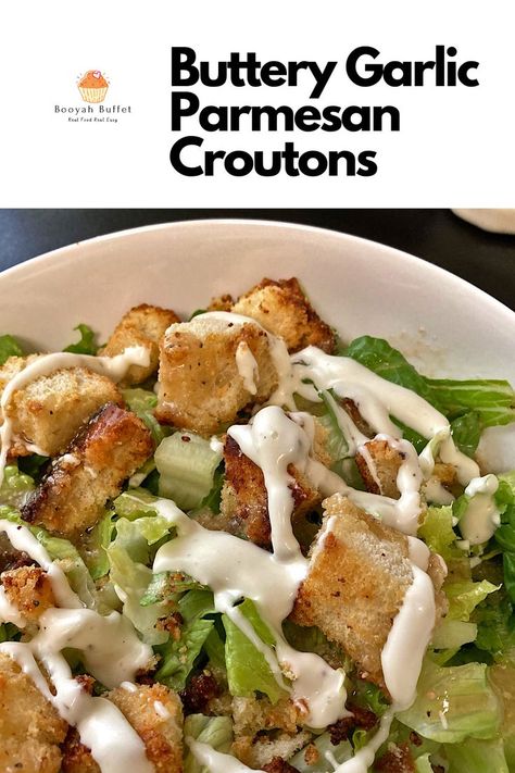 Buttery Garlic Parmesan Croutons Cheesy Croutons, Whole Wheat Muffins, Crouton Recipes, Homemade Garlic Butter, Croutons Homemade, Best Salad Recipes, Yummy Salad Recipes, Garlic Parmesan, Fun Easy Recipes