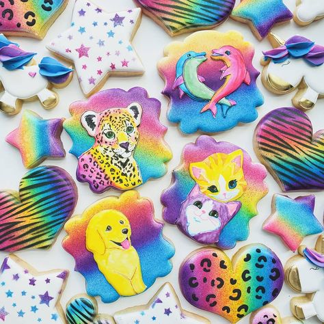 Lisa Frank Birthday Cookies, Lisa Frank Cookies Decorated, Lisa Frank Bachelorette Party, Lisa Frank Cookies, Lisa Frank Birthday Party Decorations, Watercolor Sugar Cookies, Lisa Frank Party, Lisa Frank Birthday Party, Royal Cookies