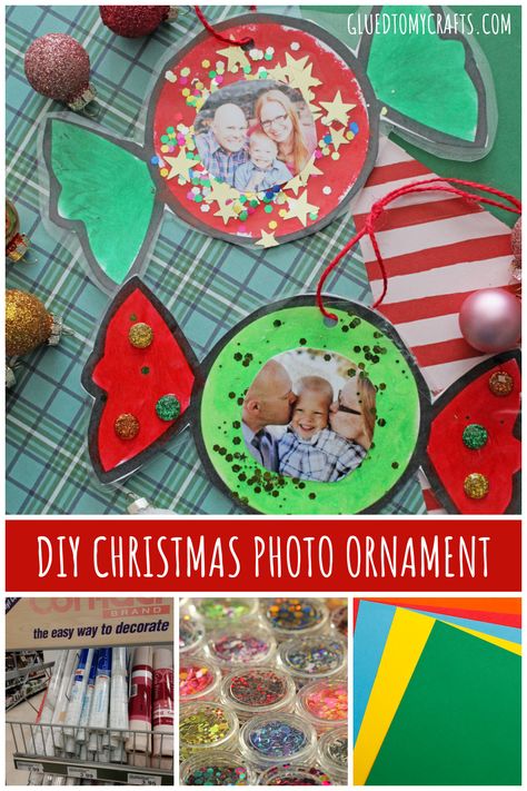 Kids Ornament Picture Craft, Kids Picture Ornaments Diy, Christmas Craft With Picture For Kids, Photo Ornaments Preschool, Christmas Picture Crafts For Kids, School Picture Ornaments Diy, Picture Ornaments Diy Kids, Kids Ornament Craft Picture, Candyland Activities For Kids