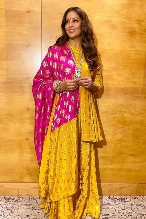 Shop for these amazing collections of Yellow Crepe Round Triangular Flower Sharara Set For Women by Masaba online at Aza Fashions. Haldi Outfits, Function Dresses, Indian Fashion Trends, Women Dress Collection, Traditional Attires, Pink Sequin Dress, Bipasha Basu, Glamorous Outfits, Gorgeous Outfits