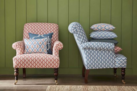 Sapperton Chair - Vanessa Arbuthnott Vanessa Arbuthnott, Upholstered Chairs Fabric, Big Comfy Chair, Traditional Armchairs, Meet The Maker, Large Armchair, Traditional Chairs, Unique Fabric, Fabric Designs