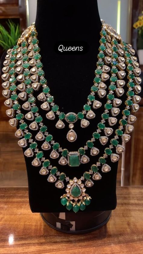 Three Layers Stone Necklace From 'Queens Silver Jewellery' • South India Jewels Antique Bridal Jewelry, White Stones, Jewelry Website, South India, Emerald Stone, Dresses Kids Girl, Pearl Chain, Indian Jewellery, Silver Pearls