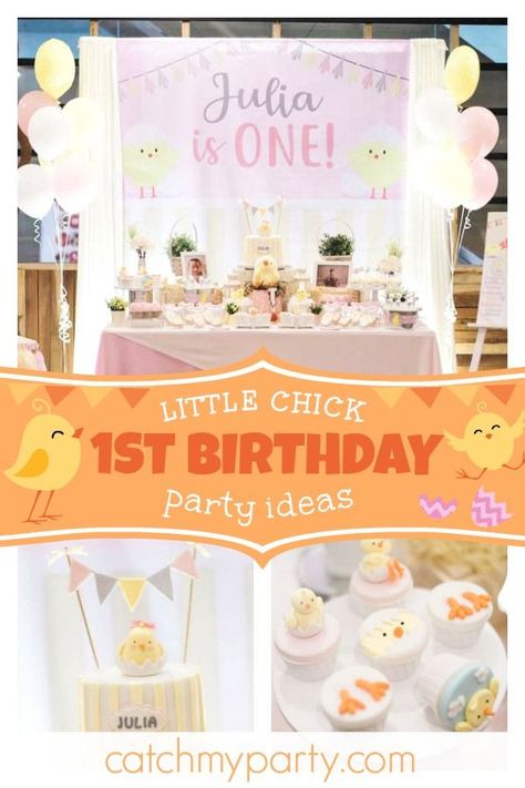 Take a look at this pretty pink little chick themed 1st birthday party! The cupcakes are so cute!! See more party ideas and share yours at CatchMyParty.com #catchmyparty #partyideas #girl1stbirthdayparty #littlechickparty Chicks Birthday Theme, This Chick Is One Birthday Theme, Our Little Chick Is Turning One, First Birthday Chicken Theme, One Cute Chick Birthday, Chick Themed Birthday Party, Chicken First Birthday Party, Chick Birthday Party Ideas, This Chick Is One Birthday