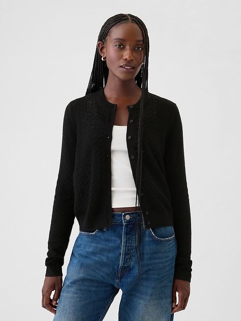 Saw this on Gap: Black Button Up Cardigan Outfit, Button Cardigan Outfit, Black Cardigan Outfit, Black Button Up Cardigan, Pointelle Cardigan, What A Girl Wants, Fall 24, Junior Year, Cardigan Outfits