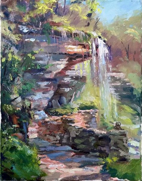 Oil painting landscape trees water rocks Cliff waterfall Simple Oil Painting Ideas Inspiration, Cliff Waterfall, Cliff Painting, Cliff Landscape, Waterfall Drawing, Oil Pastel Landscape, Sketchbook Challenge, Pool Art, Waterfall Art