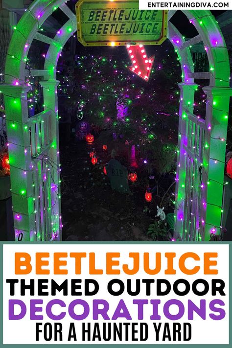 Beetlejuice-themed Outdoor Decorations For A Haunted Yard Beetlejuice Outdoor Decorations, Beetlejuice Halloween Decorations, Spooky Halloween Yard, Asylum Halloween, Halloween Camping, Outdoor Decor Ideas, Annual Halloween Party, Beetlejuice Movie, Beetlejuice Halloween