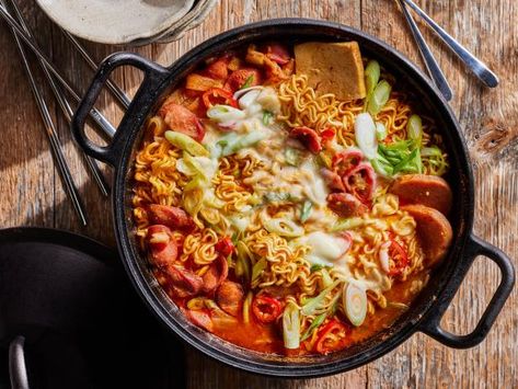 Camping-Style Budae Jjigae Budae Jjigae Recipe, Best Camping Recipes, Jjigae Recipe, Budae Jjigae, Campfire Meals, Campfire Recipes, Korean Soup, Fermented Kimchi, Korean Rice Cake