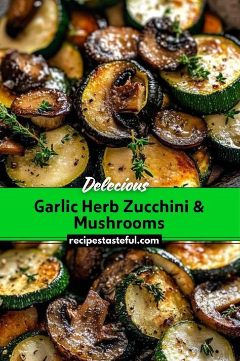 This deliciously simple side dish features sautéed zucchini and mushrooms tossed in a garlic herb butter. It's a perfect accompaniment to any meal, full of earthy, savory flavors and a light, healthy touch! Garlic Butter Thyme Mushrooms, Zucchini Mushroom Side Dish, Mushroom And Zucchini Sauteed, Garlic Butter Zucchini And Mushrooms, Sauteed Mushrooms And Zucchini, Sauteed Zucchini And Mushroom Recipes, Sautéed Zucchini And Mushrooms, Roasted Zucchini And Mushrooms, Zucchini And Mushrooms Sauteed