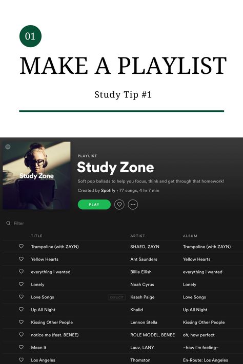 Study Tip #1: Make a Playlist - Put all your study music in one place so you can keep moving along 🎶 Music That Helps You Study, Study Motivation Playlist, Study Songs Playlist, Study Music Aesthetic, Study Music Playlist Spotify, Success Playlist, Study Playlist Names, Study Music Playlist, Good Study Music