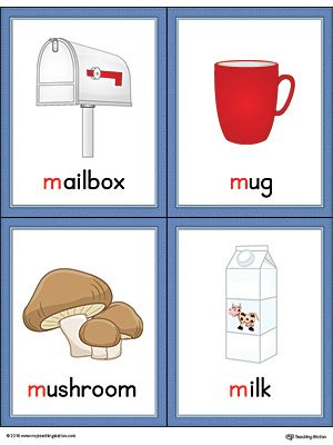 Letter M Words and Pictures Printable Cards: Mailbox, Mug, Mushroom, Milk (Color) Worksheet.The Letter M Words and Pictures Printable Cards can be used for flashcards, various games, and help your student associate unfamiliar words with a picture. Colorful picture cards for the words: mailbox, mug, mushroom, and milk. Letter M Words And Pictures, Printable Flash Cards Preschool, Letter M Words, Alphabet With Pictures, M Words, Sound Pictures, Color Worksheet, Phonics Flashcards, Rules Poster