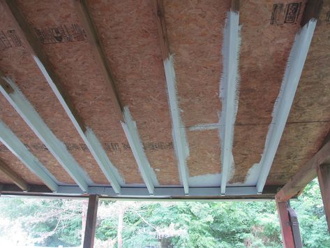 Exposed Porch Rafters, Corrugated Metal Ceiling Porch, Exposed Beam Porch Ceiling, Underside Of Porch Roof Ceilings, Black Ceiling Porch, Partial Covered Deck Ideas, Diy Porch Ceiling, Outdoor Porch Ceiling Ideas, Outdoor Ceiling Design