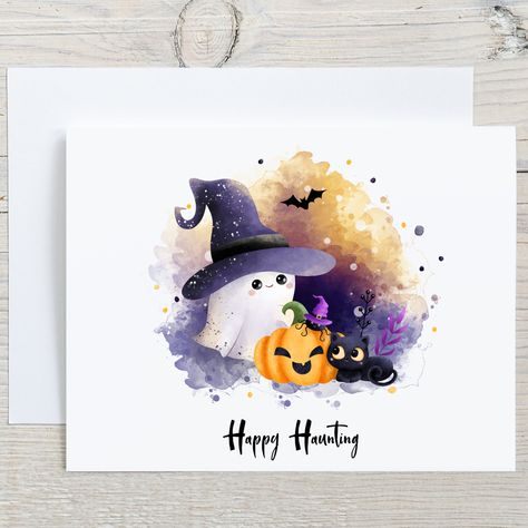 Happy Haunting! Just the cutest little witch ghost, pumpkin and black cat Halloween greeting cards.  Use these Halloween cards to keep in touch with family and friends in the spirit of the holiday!  IMPORTANT DETAILS: ◼ A2 size, 4.25" x 5.5" ◼ All my cards are printed on eco-friendly luxurious 100% cotton, brilliant white cardstock. These superior cards have a tangible feel of uncompromised elegance. ◼ Folded note cards. ◼ Blank inside for your personal message. ◼ Luxury, 95 lb. text heavy weight, "peel & stick" white envelopes are included. ◼ All card sets are packaged in eco-friendly cello sleeves. My order processing time is 3-5 days -- Monday through Friday, unless that day is a holiday. This processing time does not include custom orders. To check out additional Halloween card designs Halloween Handmade Cards, Halloween Watercolors, Stampin Up Halloween Cards, Happy Halloween Cards, Halloween Greeting Cards, Black Cat Pumpkin, Happy Haunting, Witch Ghost, Wedding Anniversary Wishes