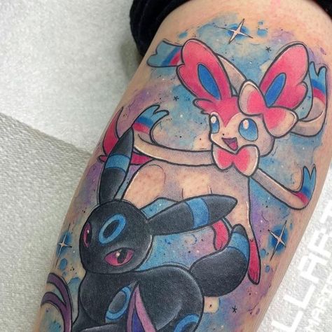 Sylveon Tattoo, Kawaii Sylveon, Pikachu Tattoo Design, Sarah Tattoo, Umbreon Espeon, Nintendo Tattoo, Shiny Umbreon, Pikachu Tattoo, Matching Friend Tattoos