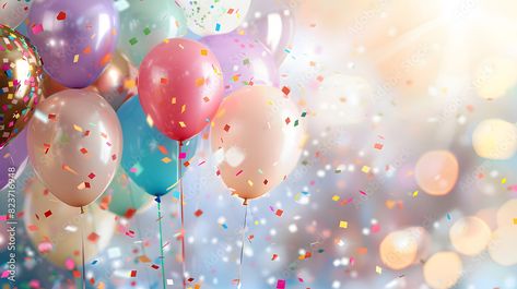 Colorful balloons and confetti on a blurred background for a celebration or party, birthday concept. Stock photo with space for text Stock Photo | Adobe Stock Birthday Zoom Background, Birthday Concept, Confetti Background, Colorful Balloons, Colourful Balloons, Blurred Background, Photo Backdrop, Party Balloons, Photo Illustration