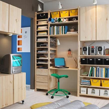 The inspiration photo for the Ikea Ivar shelving system Ivar Ideas, Ivar Shelving, Ikea Workspace, Ikea Kitchen Storage, Ikea Office, Hacks Ikea, Ikea Ivar, Ikea Shelves, Inspiration Photo