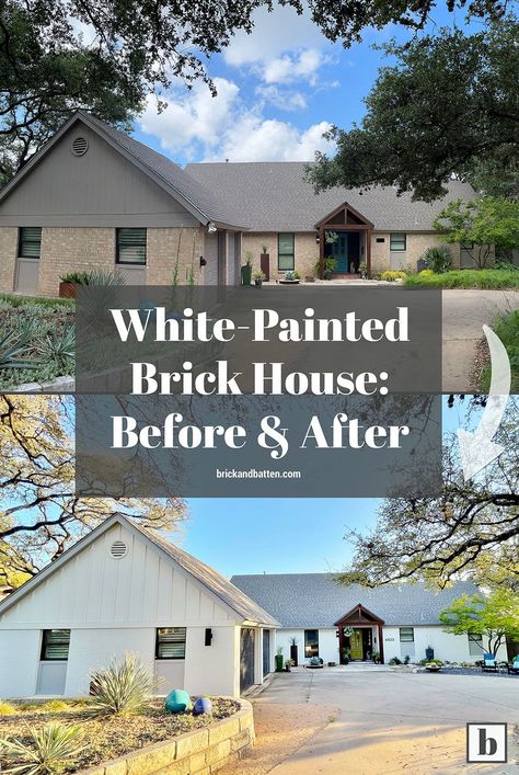 If you're looking for white-painted brick house inspiration, there's no better place to start than with someone who's already made the leap. Pam in Austin, Texas, got her brick&batten design in July 2021 and recently reached out to us with photos of her updated exterior. Check out her story. #brickandbatten #whitebrick #whitebrickhouse #paintedbrick #paintedbrickhouse Brick Painted White, White Painted Brick, Brick Ranch Houses, Modern Farmhouse Ranch, Blue Siding, Ranch House Remodel, Painted Brick House, Stucco Homes, Brick Ranch