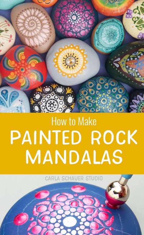 Learn how to make painted rock mandalas and what tools to use. An easy tutorial from CarlaSchauer.com Mandala Rock Painting Tutorial, Stone Painting Mandala, How To Paint Mandalas Step By Step, Mandela Rocks Painting, Mandela Rock Painting Easy, Rock Painting Mandala Easy, Mandala Rocks For Beginners, Dot Painting Ideas Easy, How To Dot Paint Tutorials