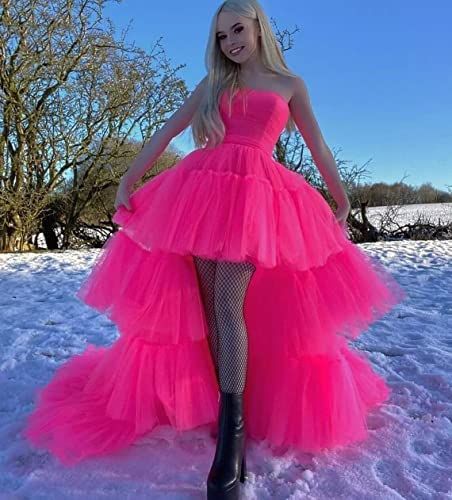 Hot Pink Prom Dresses, Side Split Prom Dress, Puffy Prom Dresses, Tulle Prom Dresses, High Low Prom Dresses, Strapless Evening Dress, Frilly Dresses, Sweetheart Prom Dress, Evening Party Gowns