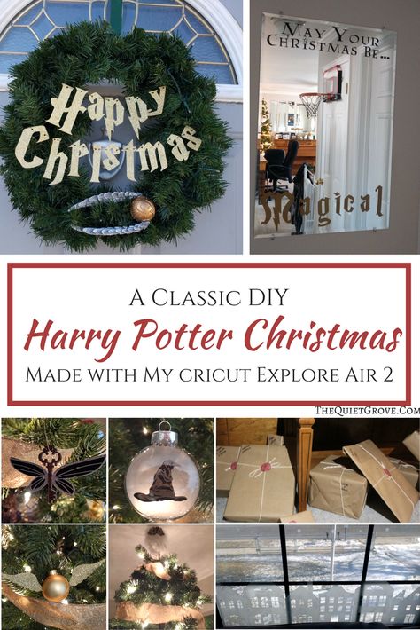 Check out my DIY Harry Potter Christmas I made thanks to my Cricut Explore Air 2. (Comes with tutorials, and SVG cut files.) #HarryPotterChristmas #DIYChristmas #CricutCreated Diy Harry Potter Christmas, Harry Potter Theme Christmas, Harry Potter Christmas Diy, Harry Potter Christmas Party, Harry Potter Weihnachten, Hp Christmas, Harry Potter Christmas Ornaments, Harry Potter Christmas Decorations, Harry Potter Font