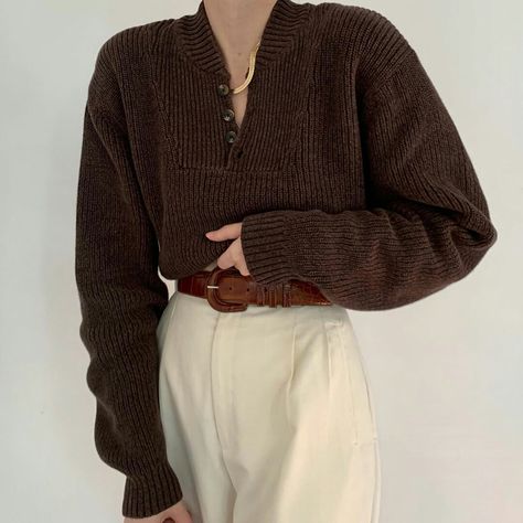 High Waisted Trousers Outfit, Deux Birds, Professional Fits, Academia Wardrobe, First Day Outfit, Academia Outfits, Indie Girl, Outfit Vintage, Henley Sweater