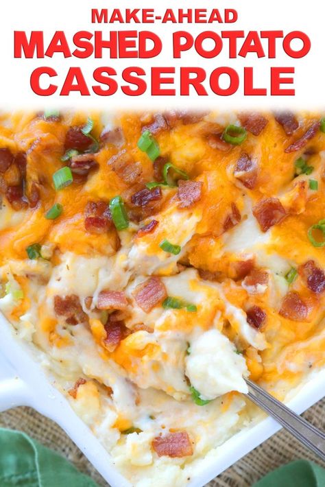 Make this make-ahead Mashed Potato Casserole for the best Thanksgiving side dish! A potluck casserole everyone loves, this easy loaded potato casserole with cream cheese, bacon, cheddar, and green onions feeds a crowd and a is comfort food favorite! #mashedpotato #holidayrecipes #casserole #sidedish #makeaheadrecipe #mashedpotatocasserol #creamcheese Mashed Potatoes Loaded, Loaded Potato Casserole, Loaded Mashed Potato Casserole, Make Ahead Mashed Potatoes, Best Thanksgiving Side Dishes, Mashed Potato Casserole, Loaded Mashed Potatoes, Potatoe Casserole Recipes, Potluck Dishes