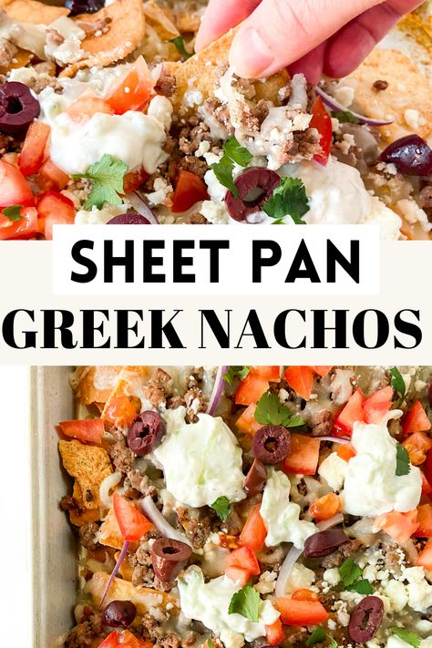 Mediterranean Nachos Recipe, Greek Style Nachos, Greek Mexican Fusion, Greek Nachos Recipe, Recipes With Feta, Mediterranean Nachos, Greek Nachos, Mediterranean Recipes Healthy, Mediterranean Diet Recipes Dinners