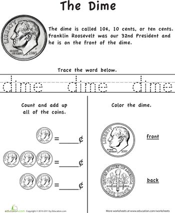 Worksheets: Learn the Coins: The Dime Dime Worksheet, Kindergarten Money Worksheets, Money Kindergarten, Learning Money, Teaching Money, Money Math, Money Worksheets, Money Lessons, Worksheets Kindergarten