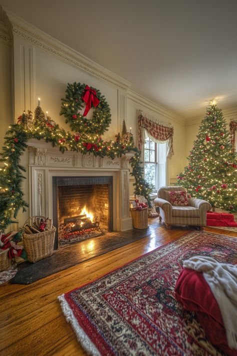 Transform your living space with inviting winter home decor! This setup features a beautifully decorated Christmas tree, festive garlands, and a warm fireplace. Perfect for a cozy, festive ambiance. #WinterHomeDecor #ChristmasDecor #CozyLiving Classic Christmas Living Room, Christmas House Interior, Interior Christmas Decor, Christmas Fireplaces, Cozy Winter Home, Outdoor Christmas Decoration Ideas, Outdoor Decoration Ideas, Diy Christmas Decor Ideas, Warm Fireplace