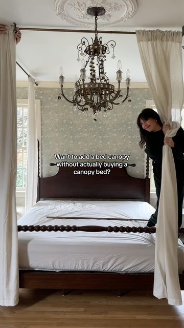 Shelby | Pretty in the Pines on Instagram: "Let’s make a canopy bed without having a canopy bed! Taking me back to our honeymoon resort ☁️ comment ‘curtains’ for rod/curtain details to be sent over! #bedroommakeover #bedroomdecor #canopybed" Canopy Bed Without Frame, Curtain Over Bed, Bed Without Frame, Curtains Around Bed, Poster Bed Canopy, Canopy Bed Drapes, Guess Room, Curtains Behind Bed, Twin Canopy Bed