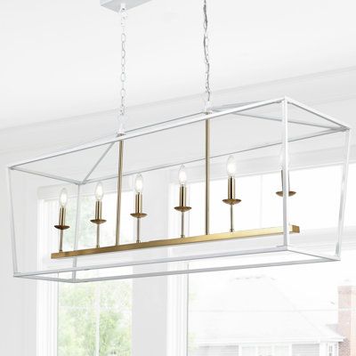 Take your dining ensemble from simple to stylish with this must-have chandelier pendant, inspired by vintage street lamps. It showcases an open, geometric frame in a metallic hue that is supported by two chains, making it suitable for most ceiling heights. Six candelabra-base lights (not included) shine from within. Try hanging it over your dining room table, or suspend it above the kitchen island. Installation is required for this hardwired design. Finish: White/Brass Gold | Gracie Oaks Joree 6